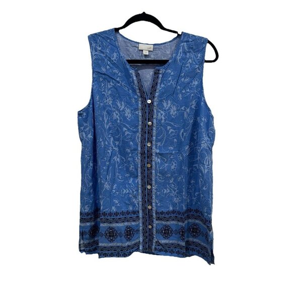 J Jill Women’s Blue Scoop Neck Floral Button Front Sleeveless Split Hem Blouse L - Picture 1 of 9